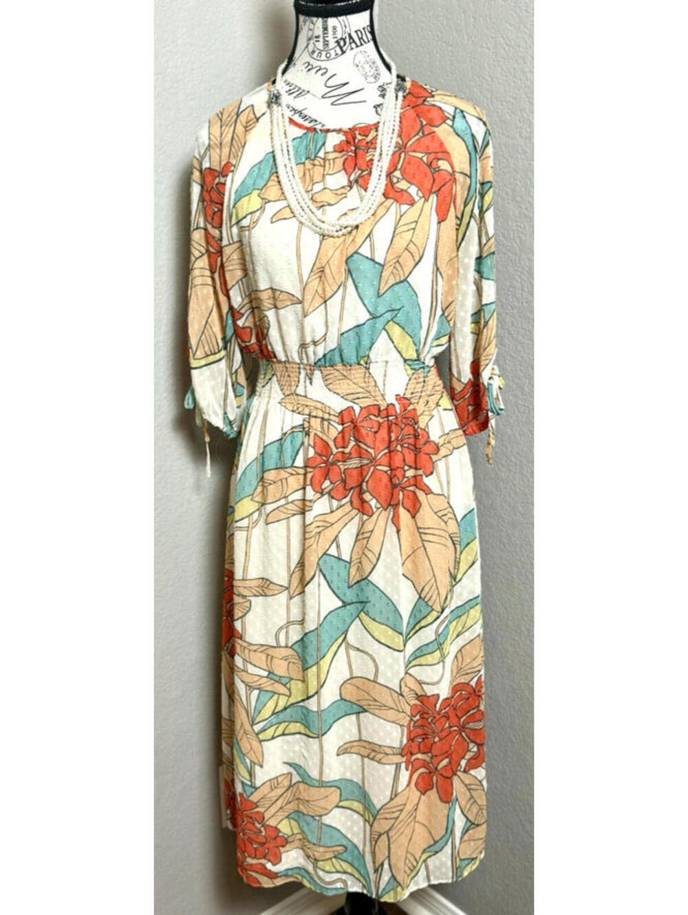 Maggy London Vintage Tropical Floral Midi Dress Size 2 Chiffon Sheer Boho Retro